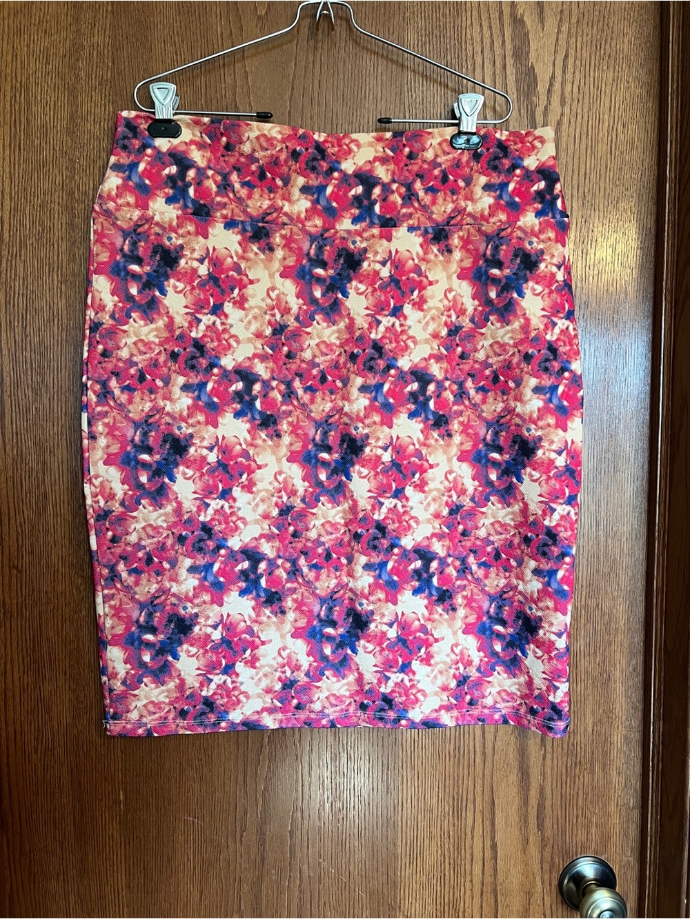 LuLaRoe Pink Floral Pencil Skirt with Blue Accents